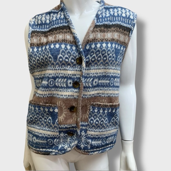 Vintage Memphis Wool Blend Sweater Vest‎ Button Pocket M Ski Western Blue Beige - Picture 1 of 8
